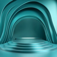 Wall Mural - A futuristic podium with metallic curves and an empty space, set against a bright teal background.
