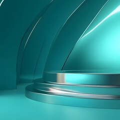 Wall Mural - a futuristic podium with metallic curves and an empty space, set against a bright teal background.