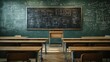 © ImageKing - Classroom for math learning with formula on chalkboard. Vector cartoon illustration of empty school class interior for mathematics, geometry and algebra learning