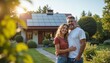 © schiers_images - Joyful couple embracing in front of a house equipped with solar panels, showcasing sustainable actions and green living.