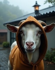 Sticker - A goat wearing a hooded sweatshirt standing in front of a house