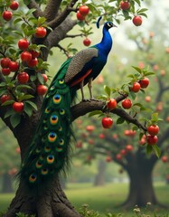 Wall Mural - A peacock sitting on top of a tree with apples