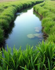 Wall Mural - A small stream running through a lush green field