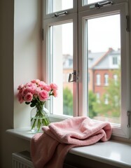 Canvas Print - A vase of pink roses sitting on a window sill