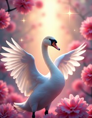 Poster - A white swan standing on top of a pink flower field