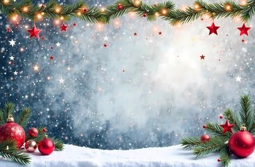 Wall Mural - Gray background with white lights and garlands around the edges of the photo background. Christmas card.