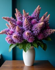 Canvas Print - A vase filled with purple flowers sitting on top of a wooden table