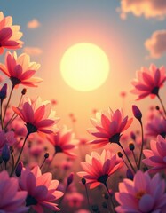 Canvas Print - A field of pink flowers with the sun setting in the background