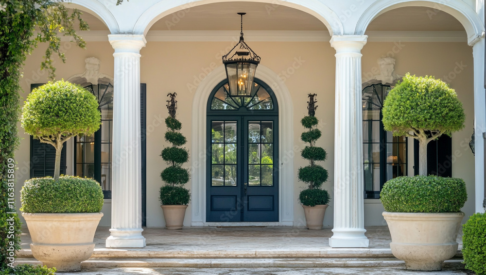 Topiary Column A traditional front door with columns and arches leading to the ...