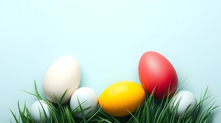 Colorful painted Easter eggs decorated with green grass, fresh pastel blue background. Festive & refreshing vibe of spring Christian celebration