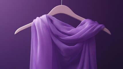 Wall Mural - Purple silk scarf draped on a wooden hanger against a purple background.