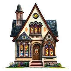 House with stained glass windows. vector style art 3d illustration Isolated on White Background