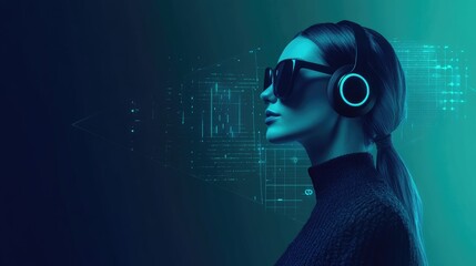 Sticker - Woman in VR headset and sunglasses, profile view, futuristic digital background.