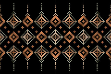 Wall Mural - Cross Stitch pattern with Floral Designs. Traditional cross stitch needlework. Geometric Ethnic pattern, Embroidery, Textile ornamentation, fabric, Hand stitched pattern, Cultural stitching pixel art.