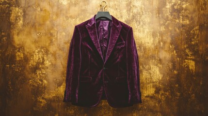 Wall Mural - Purple velvet blazer hanging on a textured gold wall.