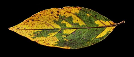 Wall Mural - Close-up of a single autumn leaf with yellow and green tones against a black background.