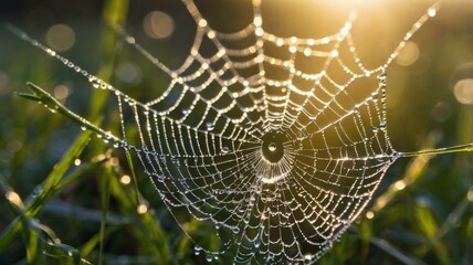 Close-Up of Dew Drops on a Spider Web in the Morning Light