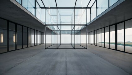 Canvas Print - The empty corridor with glass walls and modern design leads towards a bright light at the end of the hallway, creating a sense of perspective within the interior of the building