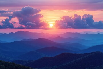 Poster - Vibrant sunset over layered blue mountains.