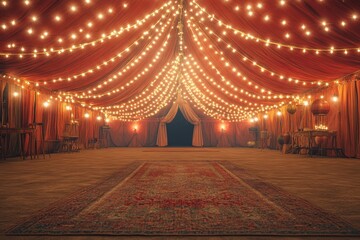 Wall Mural - Empty circus tent with fairy lights and red carpet awaiting the show