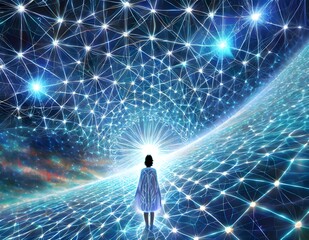 Wall Mural - A person stands in awe beneath a vast, glowing web of interconnected lines and nodes, evoking a sense of exploration in a digital universe. Bright points of light punctuate the scene