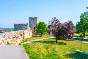 Visitors explore the historic Dizdar Tower within the Belgrade Fortress on a bright day. Lush greenery surrounds the ancient stone structures, enhancing the site's charm.