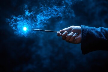 Wizard hand holding magic wand casting a spell with blue smoke