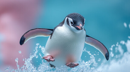 Wall Mural - A dancing Adelie penguin lifting one foot mid-air,