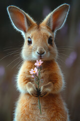 Canvas Print - A wallaby holding a small flower in its paws,