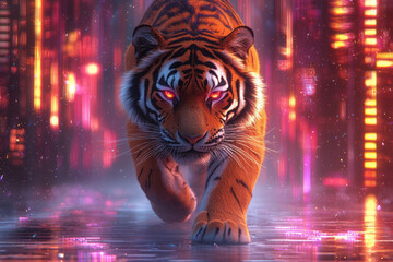 Wall Mural - A tiger walking through a surreal forest of floating geometric shapes,