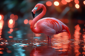 Leinwandbilder - A flamingo standing in a pool of liquid neon, with ripples forming glowing geometric patterns,