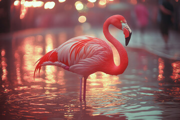 Poster - A flamingo standing in a pool of liquid neon, with ripples forming glowing geometric patterns,