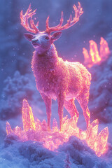 Poster - A stag standing atop a floating hill of glowing crystals, with antlers that dissolve into swirling neon light,