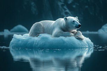 Poster - A polar bear resting on a floating iceberg shaped like a glowing prism,