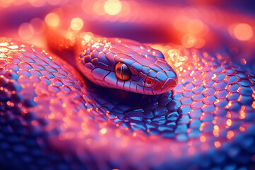Poster - A snake slithering across a shimmering surface of glowing geometric tiles,