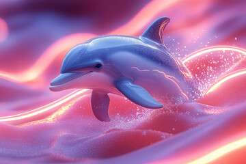 Poster - A dolphin jumping through glowing rings floating in an abstract ocean of vibrant neon waves,