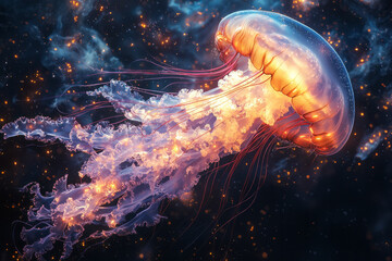 Aufkleber - A jellyfish floating in an infinite void of glowing, liquid-like orbs and dynamic abstract patterns,