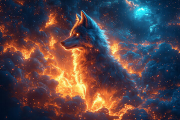 Wall Mural - A wolf standing on a glowing mountain peak surrounded by swirling, abstract clouds,