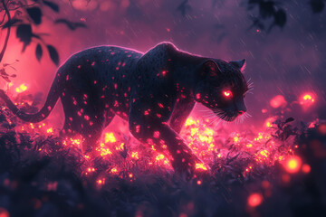 Poster - A panther walking through an abstract jungle of glowing vines and radiant mist,