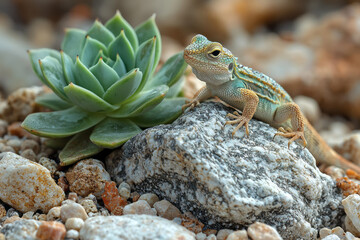 Poster - A vibrant green succulent with sharp leaves and blooming flowers, surrounded by lizards basking in the sun,