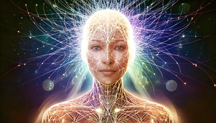 Wall Mural - A luminous figure appears with branches of light emanating from the head, suggesting a fusion of human and technological elements. The vibrant colors & intricate patterns evoke a sense of connectivity
