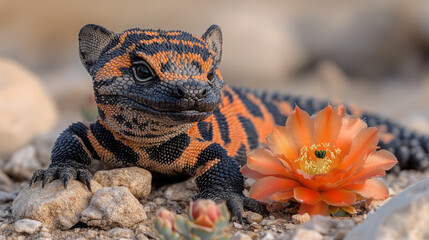 Poster - A Gila monster lounging near a blooming barrel cactus,