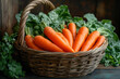 © OBSIMAGES AI  - A rustic basket filled with freshly picked organic vegetables like carrots, bell peppers, and leafy greens,