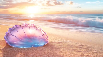 Wall Mural - A Portuguese Man O' War resting on golden sand glowing in shades of pink and light blue with coastal waves shimmering under a sunset sky