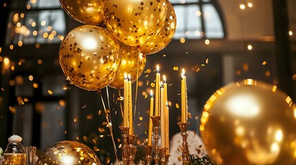 Wall Mural - A luxurious indoor birthday party with golden balloons, tall candles and confetti shimmering under ambient lighting