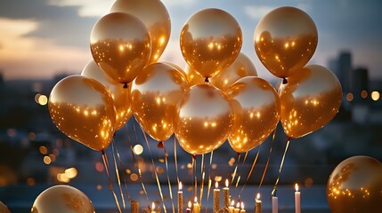 A stylish rooftop birthday party featuring golden balloons, lit candles and confetti sparkling under the evening lights