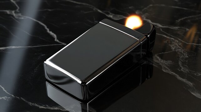 Black metal lighter with flame on dark marble.