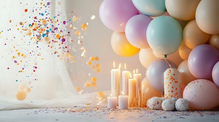 Wall Mural - Vibrant birthday setup with pastel balloons, warm candlelight and confetti explosions creating a cheerful atmosphere