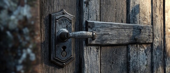 Wall Mural - Old wooden door with antique metal handle and latch.