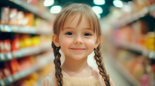 little girl 7 years old with braided pigtails, brown hair, smiling, in a supermarket